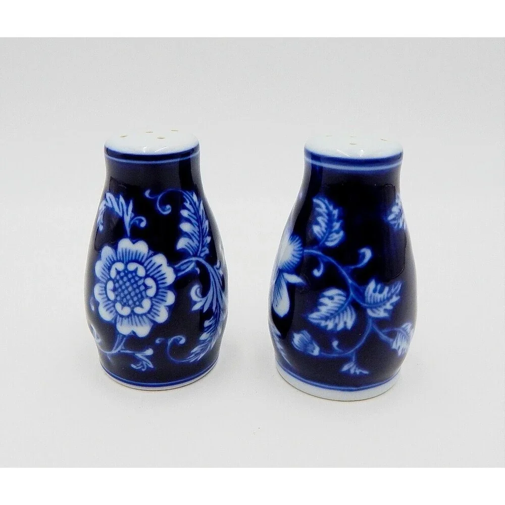 Pier 1 Imports Mandarin Salt Pepper Shakers Blue Floral Flowers With Stoppers